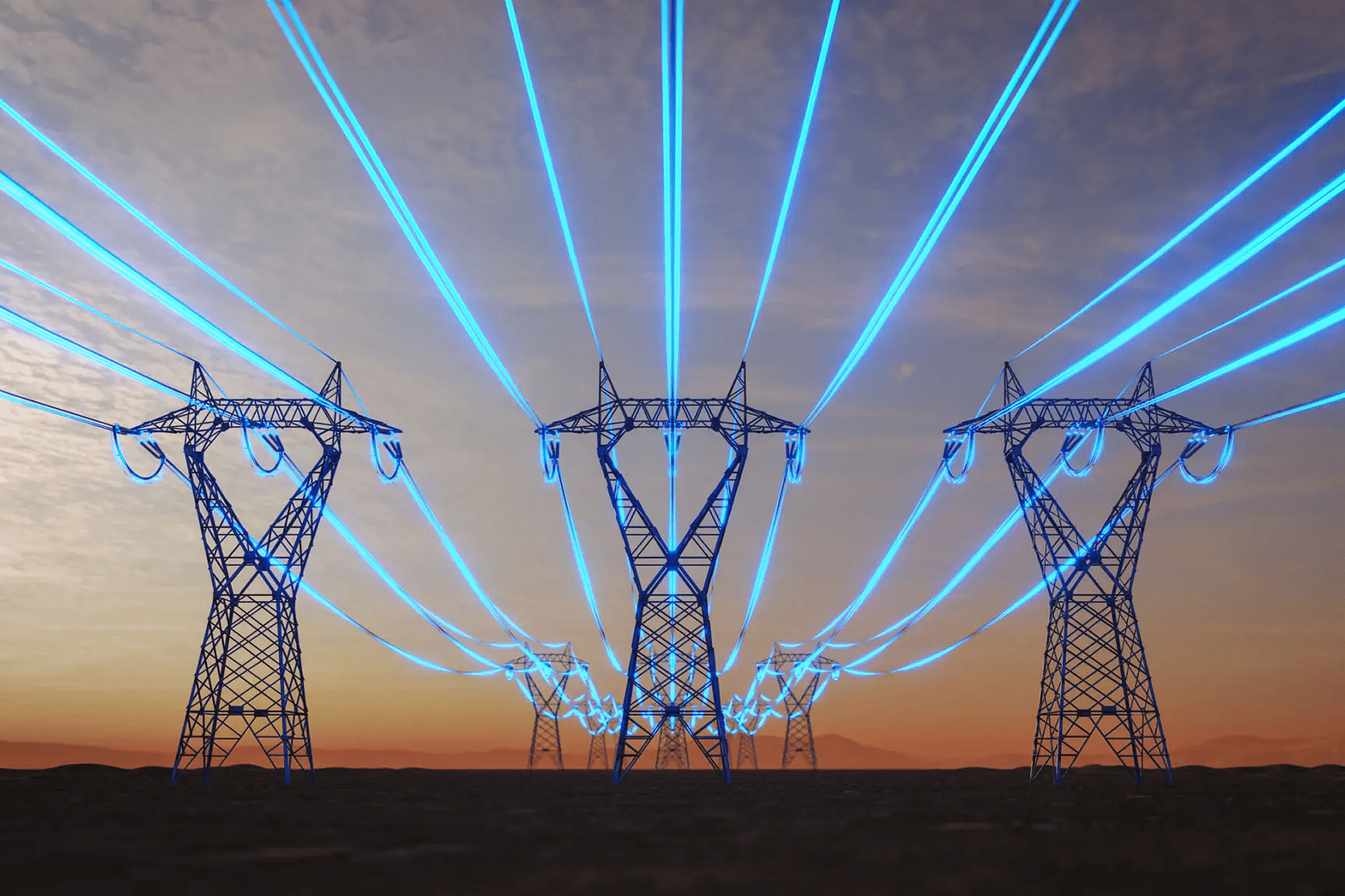 Illuminated transmission lines at dusk