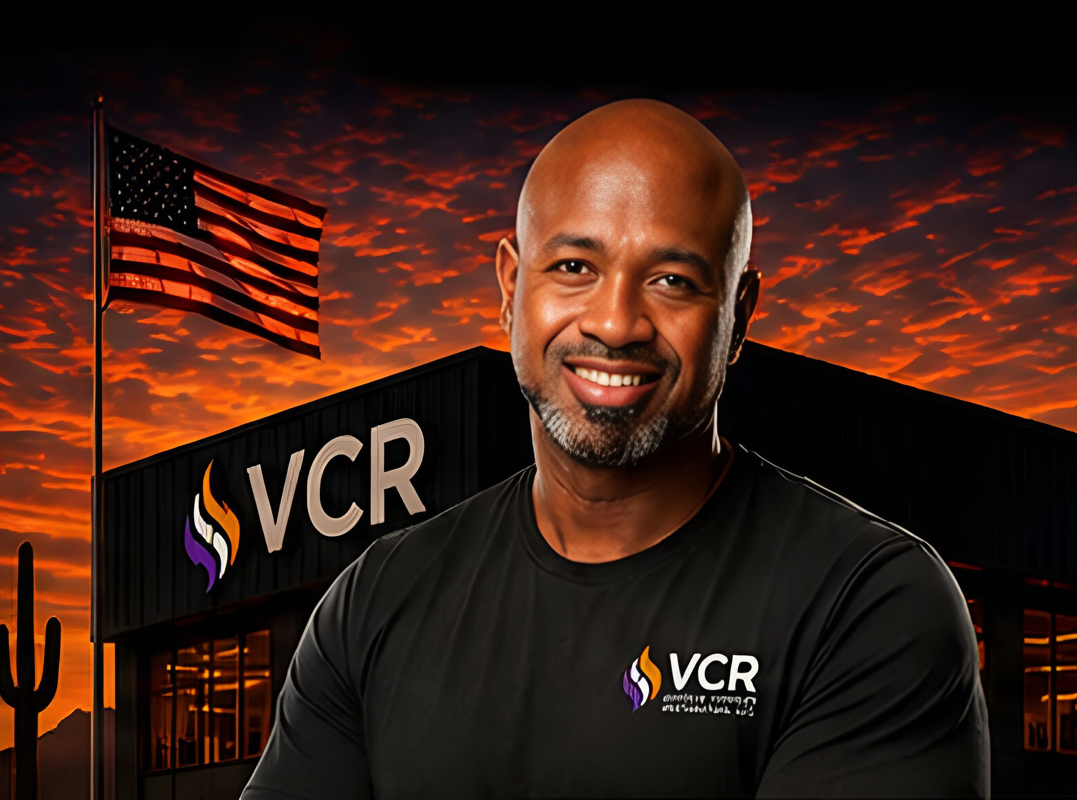 Smiling man in VCR shirt at sunset